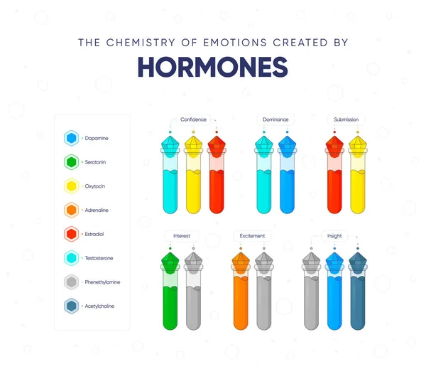 The chemistry of emotions created by hormones. Dependence of the state and mood of the person on hormonal background. Names of hormones and medical flasks filled with hormones. Vector illustration